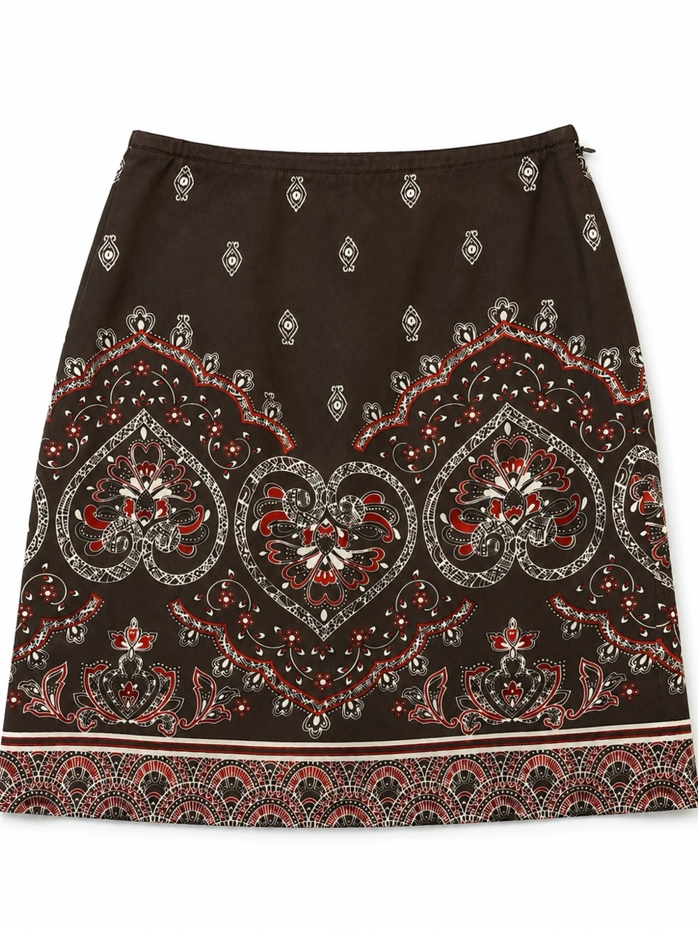 LOFT Y2K Boho Paisley Border Print Lined Skirt Brown Red Sz 6 Lightweight Office